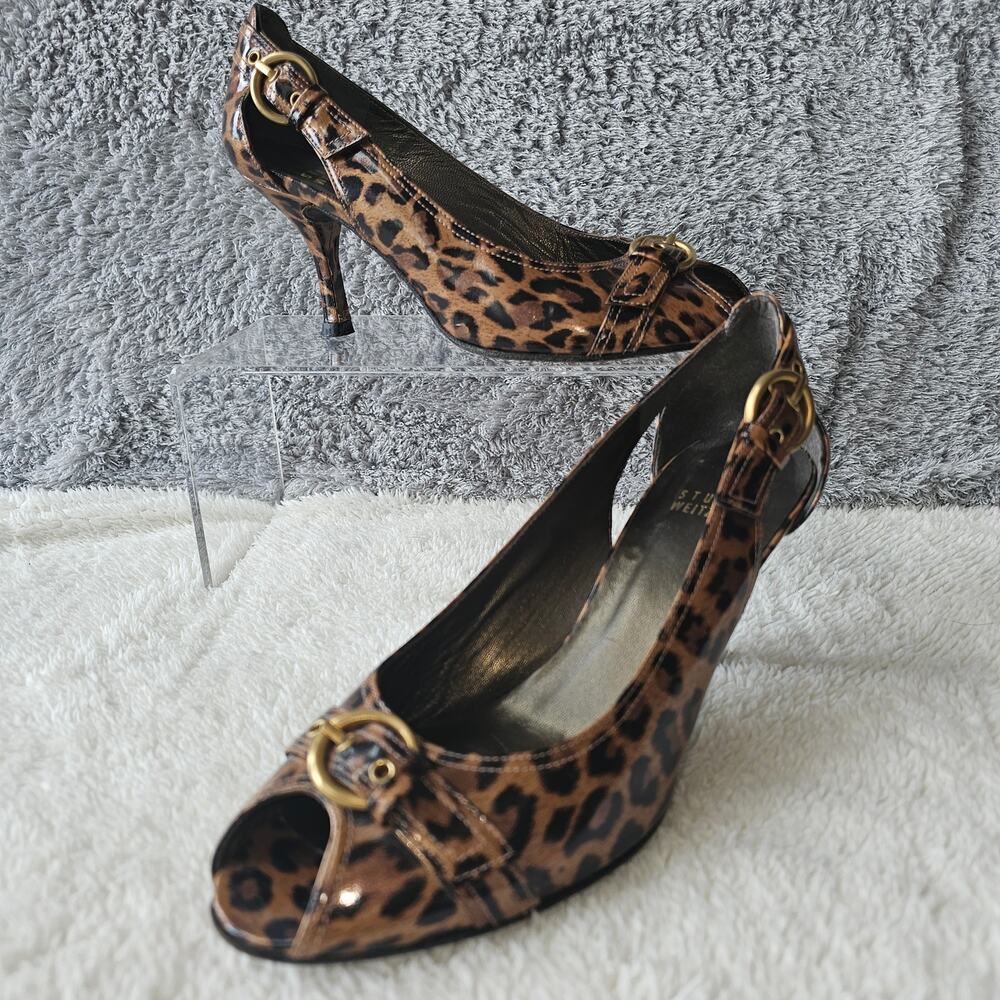 Stuart Weitzman Women's Leopard Peep Toe Pump Stiletto Heel Size 6.5M Multicolor